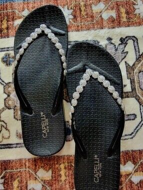 Capelli of New York Black Sandals with Silver Beaded Straps